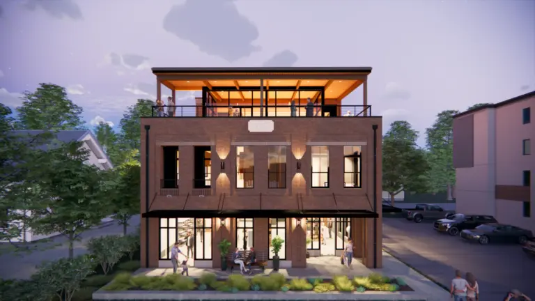 Graphic view of a brown double story commercial building with a top roof, six front windows on each floor while people are mingling.