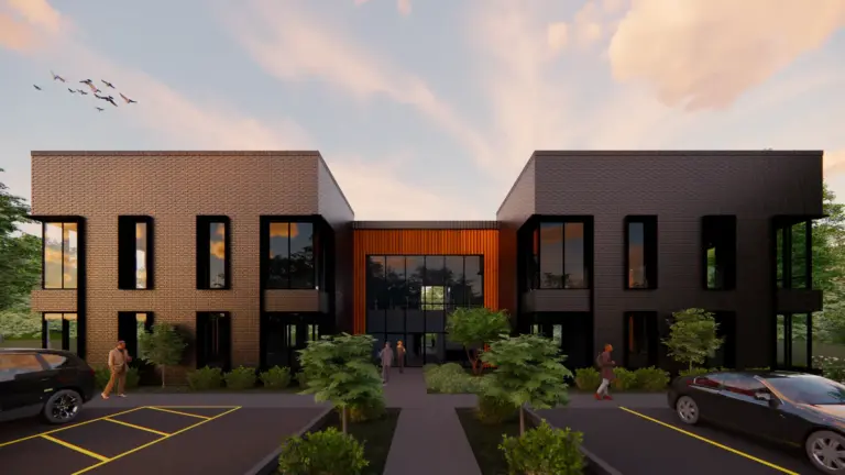 Graphic finish of two black buildings joined by a third rust-colored, small one in the mid, having glass windows and car parking.
