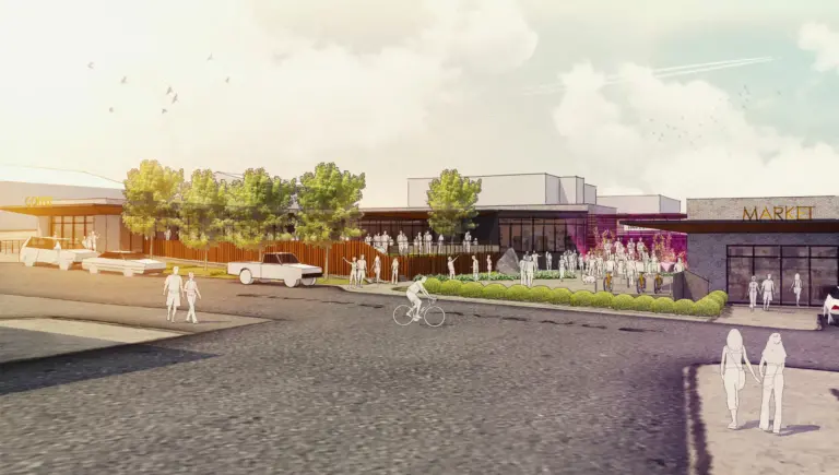 Graphical view of a commercial building complex with market and coffee buildings. People are dancing in the courtyard.