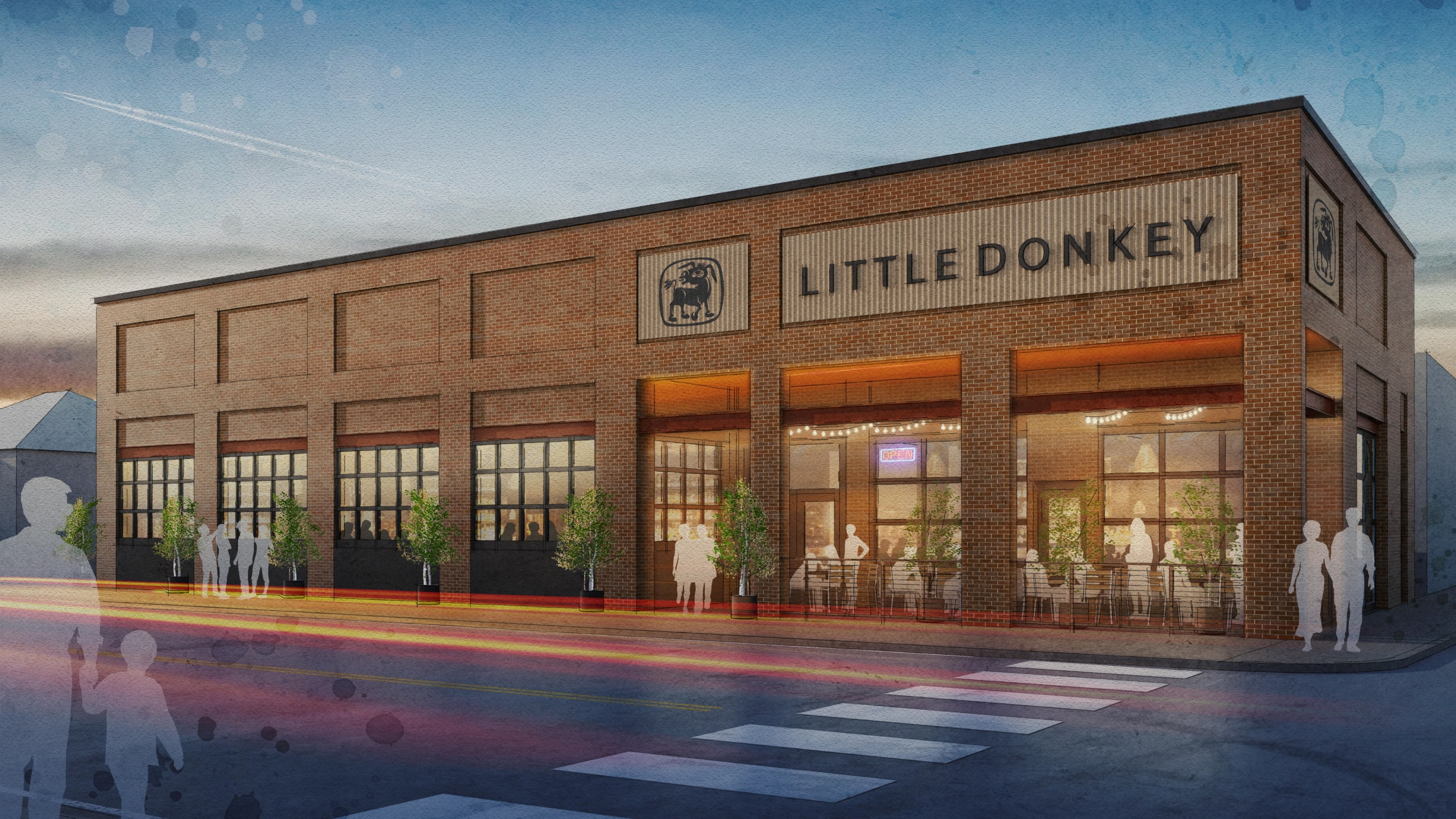 Graphic view of a bricked building with glass windows and "Little Donkey" on the front wall. People are seated on tables and chairs.