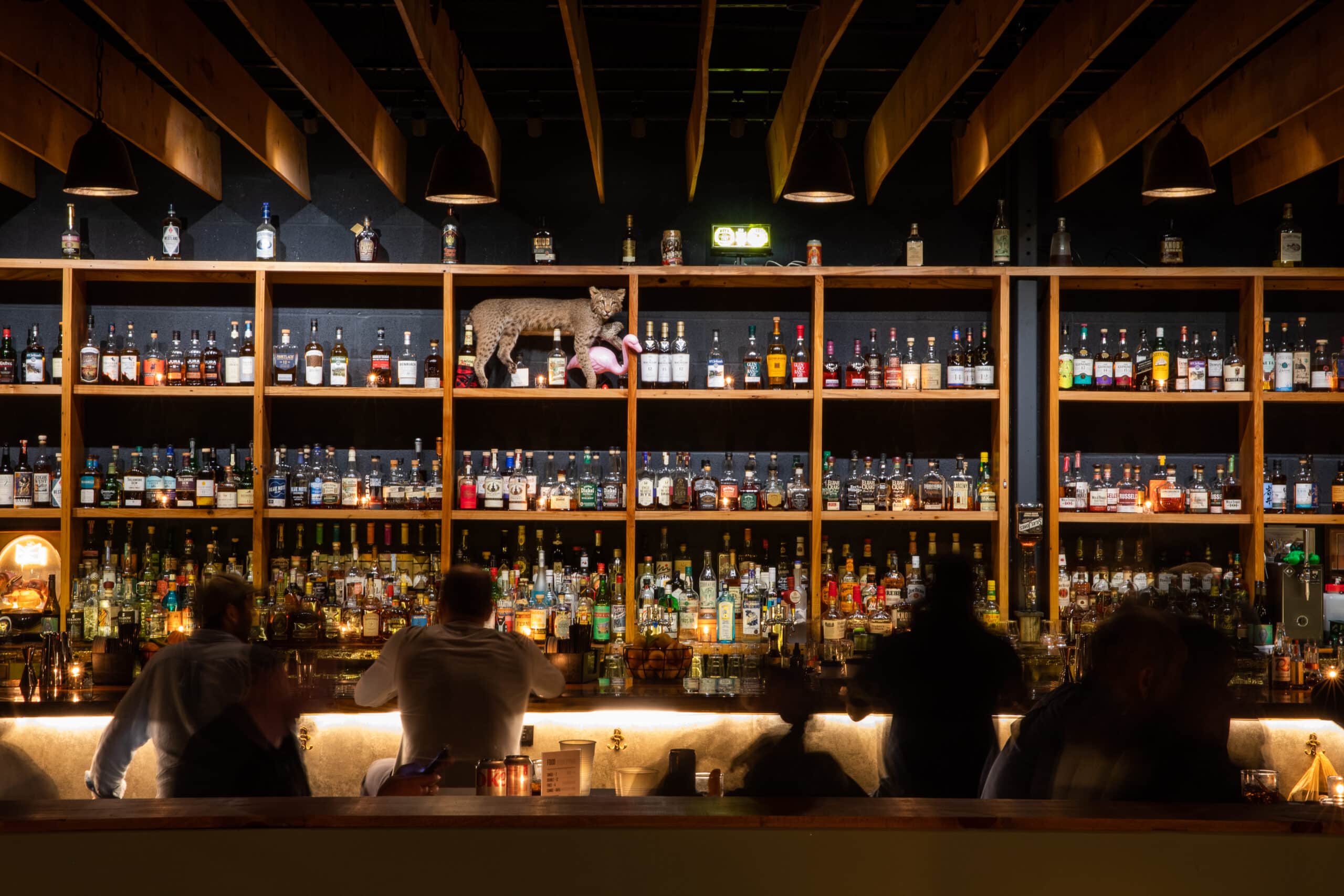 Home 7 a group of people sitting at a bar with bottles on shelves